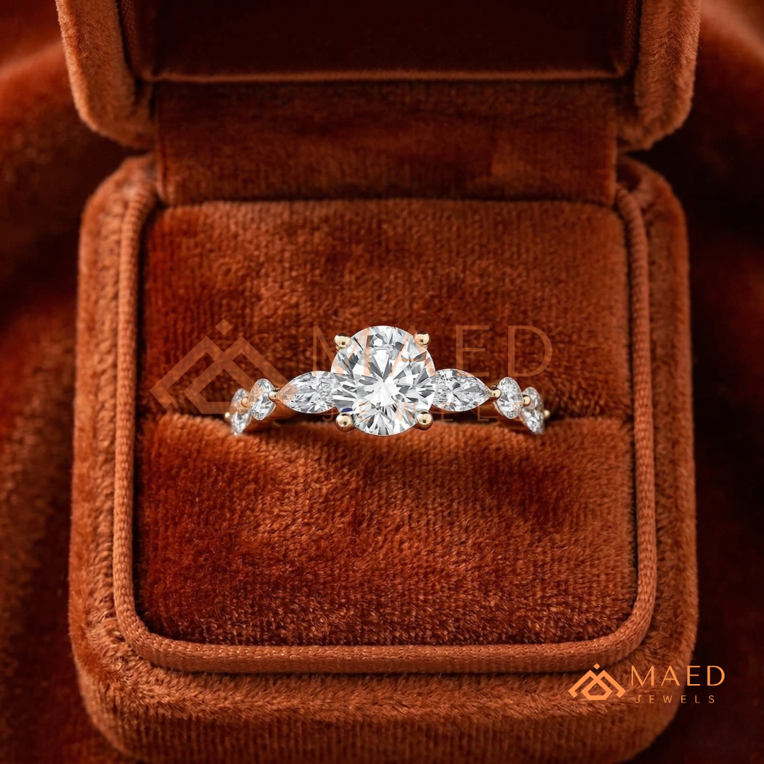 Round Cut Engagement Ring with Marquise Accents in Sterling Silver, 14K Gold & 14K Rose Gold