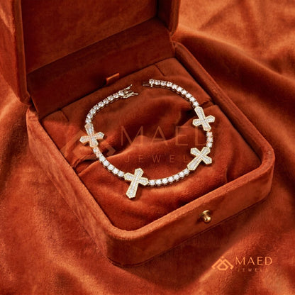 Multi-Cross Iced Tennis Bracelet – Sterling Silver, Gold & Rose Gold