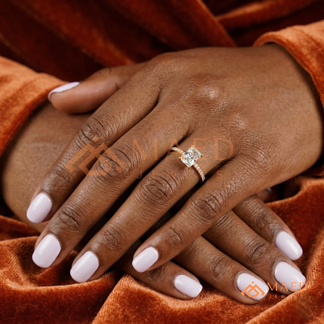 Radiant Cut Moissanite Engagement Ring in Sterling Silver, 14K White Gold & Rose Gold | Hidden Halo Diamond Band For Women