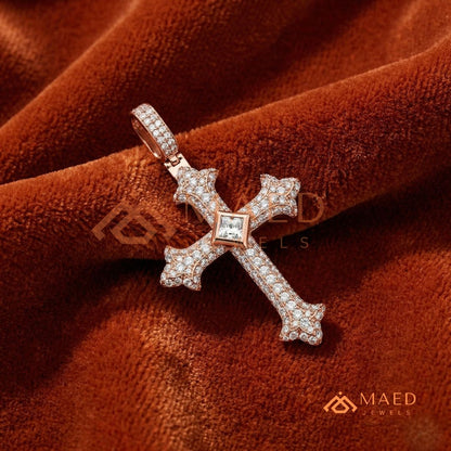 The Monarch Princess-Cut Cross | Royal Fleur-De-Lis Pave Crucifix Pendant