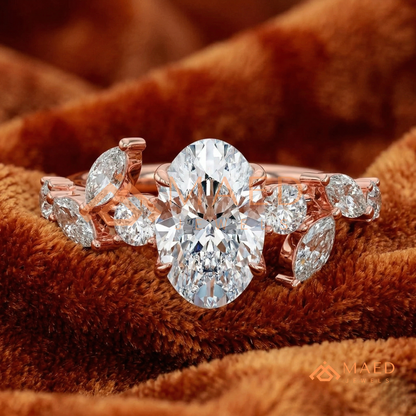 Asymmetric Oval Cut Cluster Engagement Ring | Marquise Leaf Vine Band