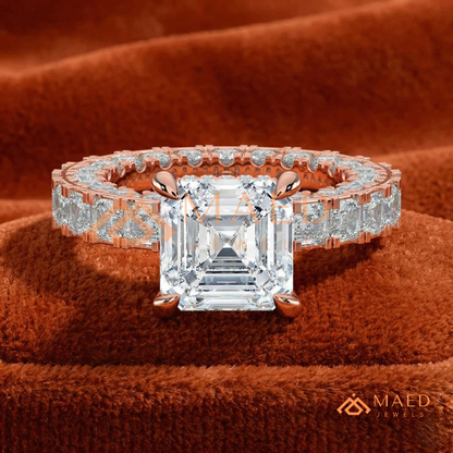 Classic Asscher Cut Solitaire Engagement Ring with Eternity Band Shank in Silver, 14K Gold & Rose Gold