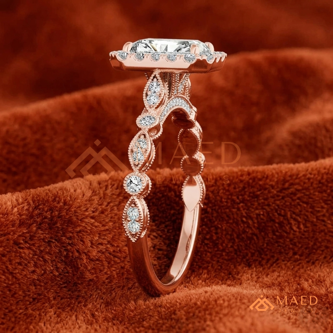 Radiant Halo Vintage-Style Engagement Ring – Ornate Vine Band