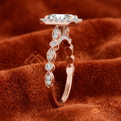 Radiant Halo Vintage-Style Engagement Ring – Ornate Vine Band