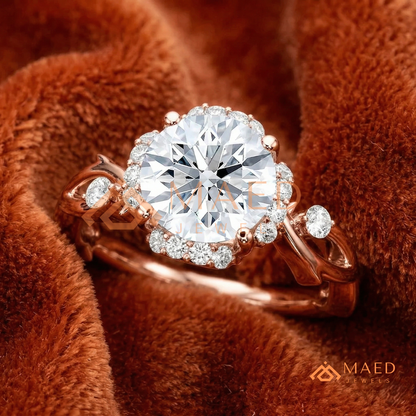 Round Cut Floral Halo Engagement Ring with Twisted Infinty Band in 14K Gold, Rose Gold & Silver