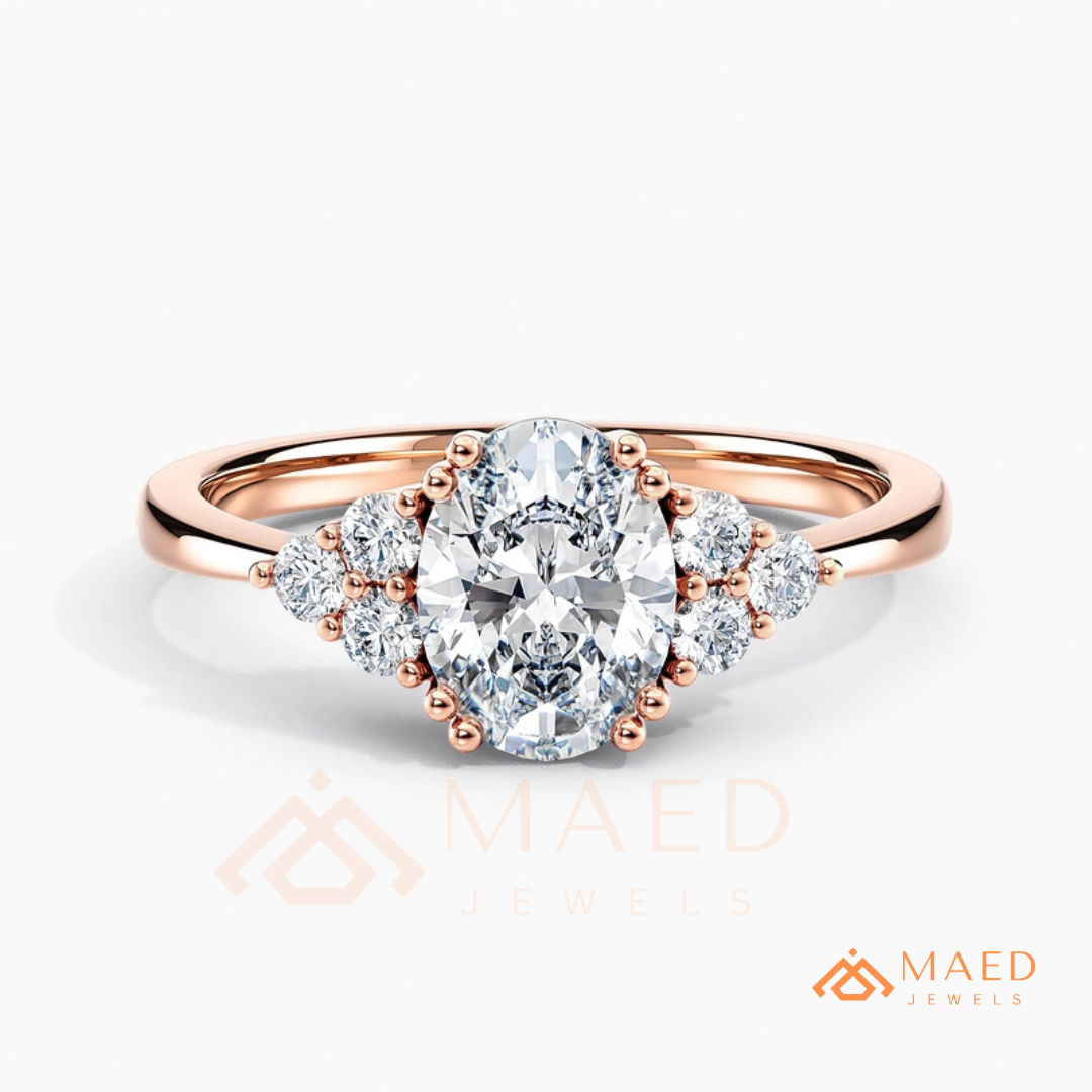 Oval Cut Engagement Ring with Round Cluster Side Stones | 14k Gold, Rose Gold & Silver