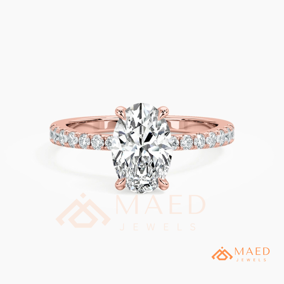 Oval Cut Engagement Ring with Pavé Band in Silver, 14K Gold, & 14K Rose Gold