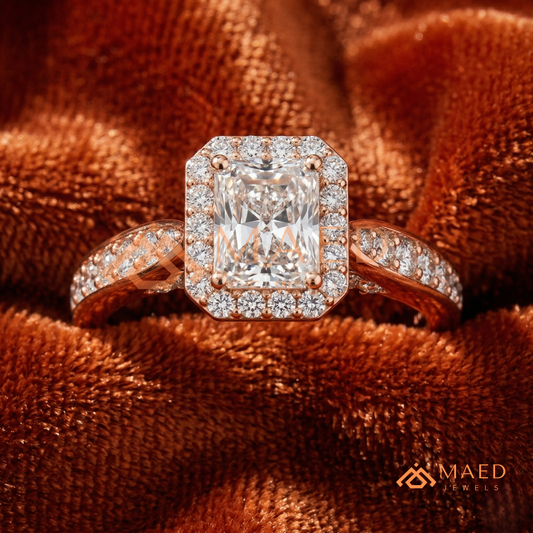 Radiant Cut Rectangular Halo Engagement Ring with Twisted Pavé Band