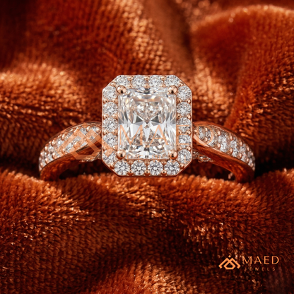 Radiant Cut Rectangular Halo Engagement Ring with Twisted Pavé Band