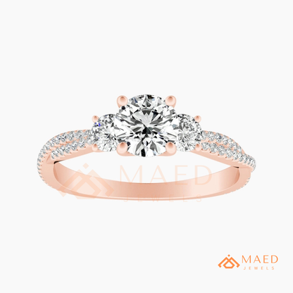 Round Cut 3-Stone Engagement Ring with Twisted Pavé Band in Silver, 14K Gold, & 14K Rose Gold