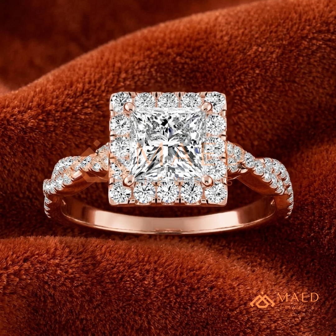 Infinity Twist Princess Cut [Gemstone Type] Halo Ring in 14K Yellow Gold, Rose Gold & Silver