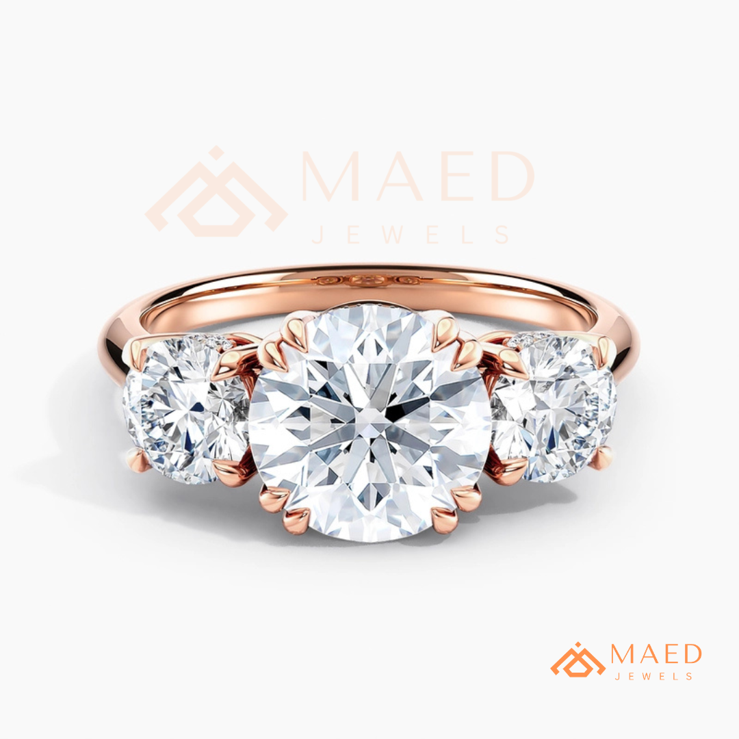 Three-Stone Round Cut Engagement Ring | Classic Trilogy Setting in 14K Gold, Rose Gold & Silver