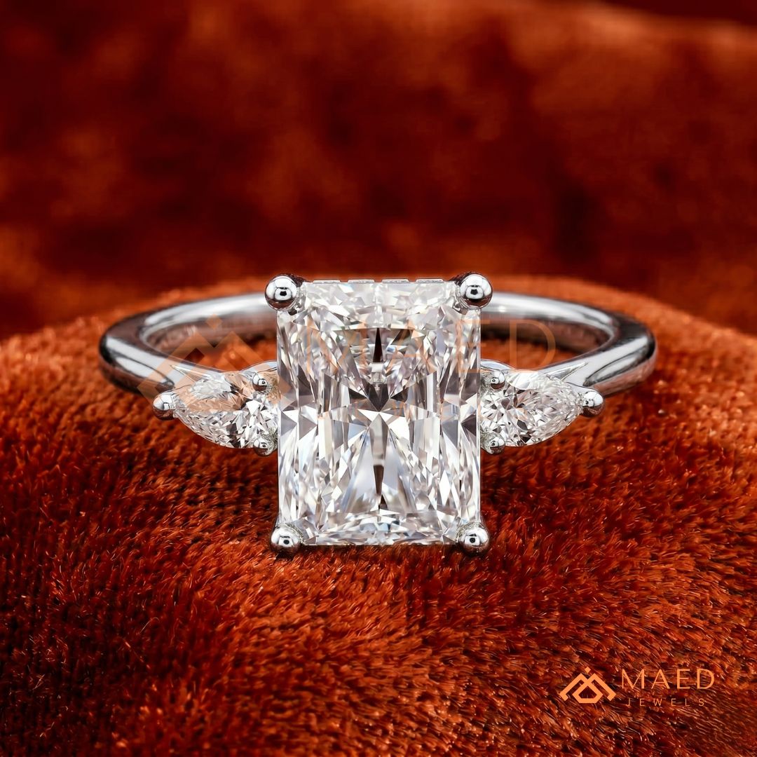 Radiant Cut Engagement Ring with Pear Side Stones | 14k Gold, Rose Gold & Silver