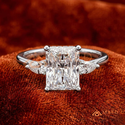 Radiant Cut Engagement Ring with Pear Side Stones | 14k Gold, Rose Gold & Silver