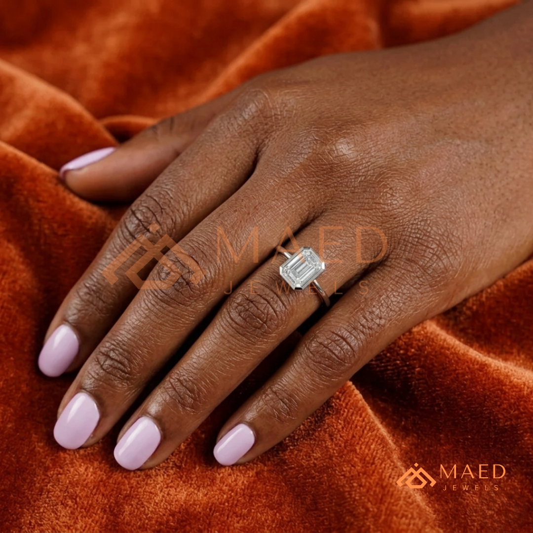 Modern Emerald Cut Solitaire Bezel Engagement Ring in Silver, 14K Gold & Rose Gold