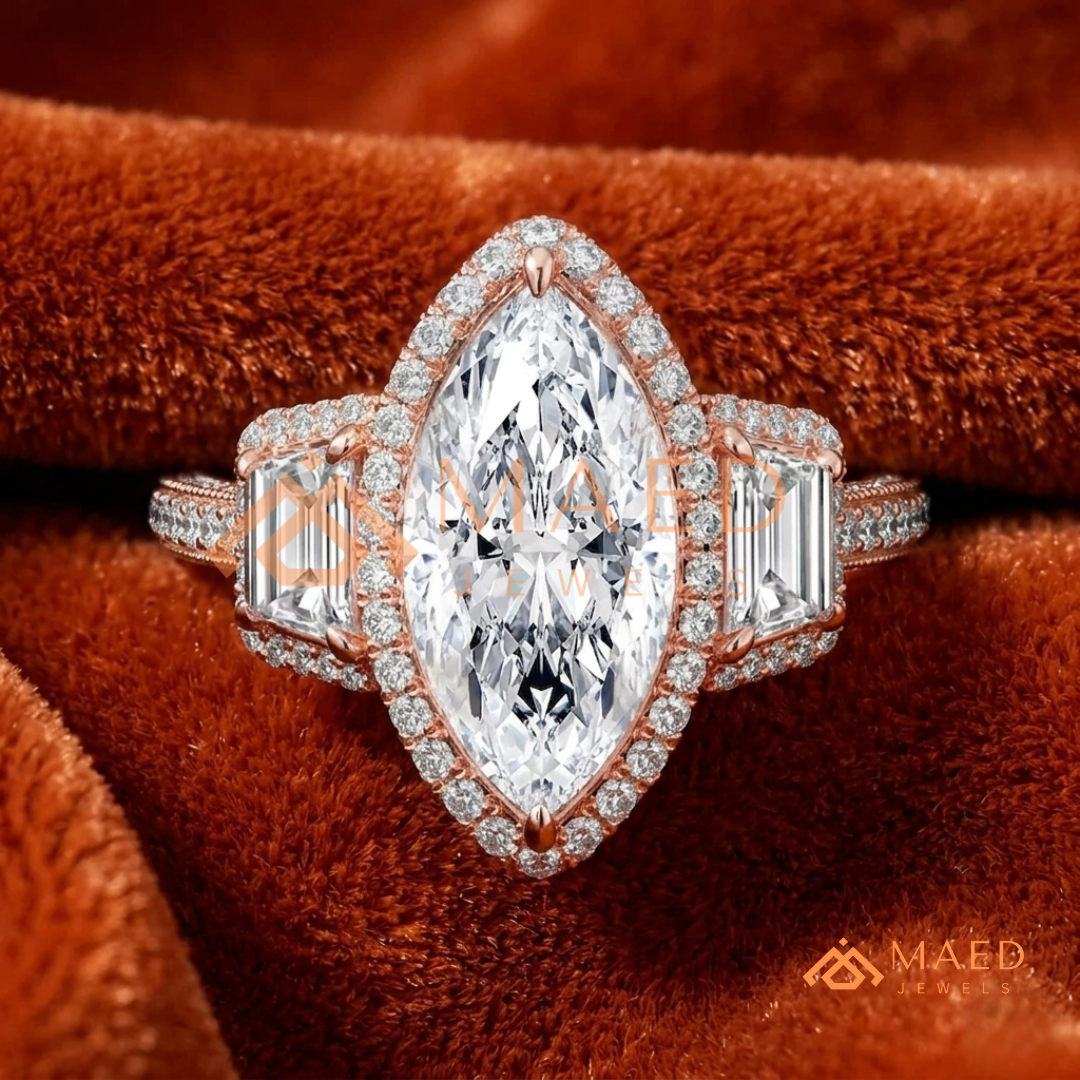 Vintage Marquise Cut 3-Stone Halo Ring with Triple-Row Pavé Band