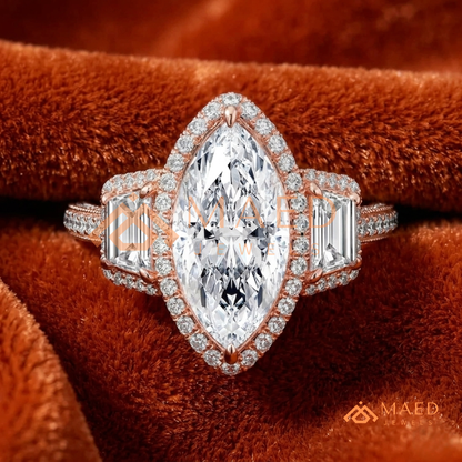 Vintage Marquise Cut 3-Stone Halo Ring with Triple-Row Pavé Band