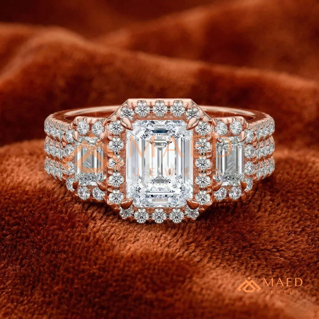 Three-Stone Emerald Cut Halo Engagement Ring | Triple Row Pave Band in 14K Gold & Silver