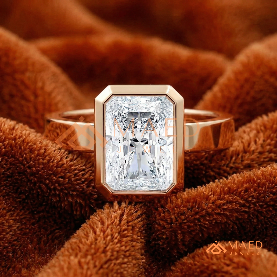 Radiant Cut Bezel Set Engagement Ring with Wide Flat Band in 14K Gold, Rose Gold & Silver