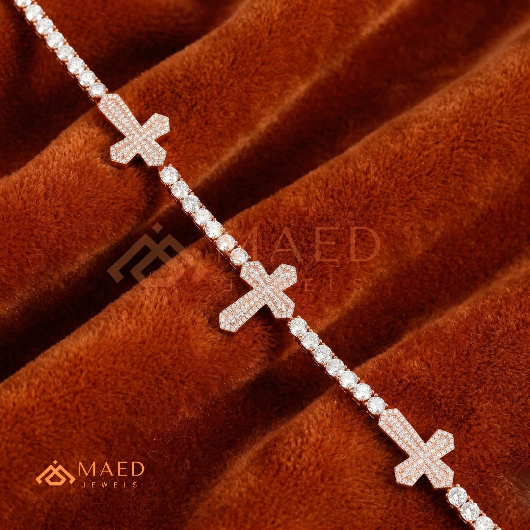 Multi-Cross Iced Tennis Bracelet – Sterling Silver, Gold & Rose Gold