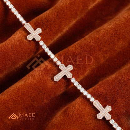 Multi-Cross Iced Tennis Bracelet – Sterling Silver, Gold & Rose Gold