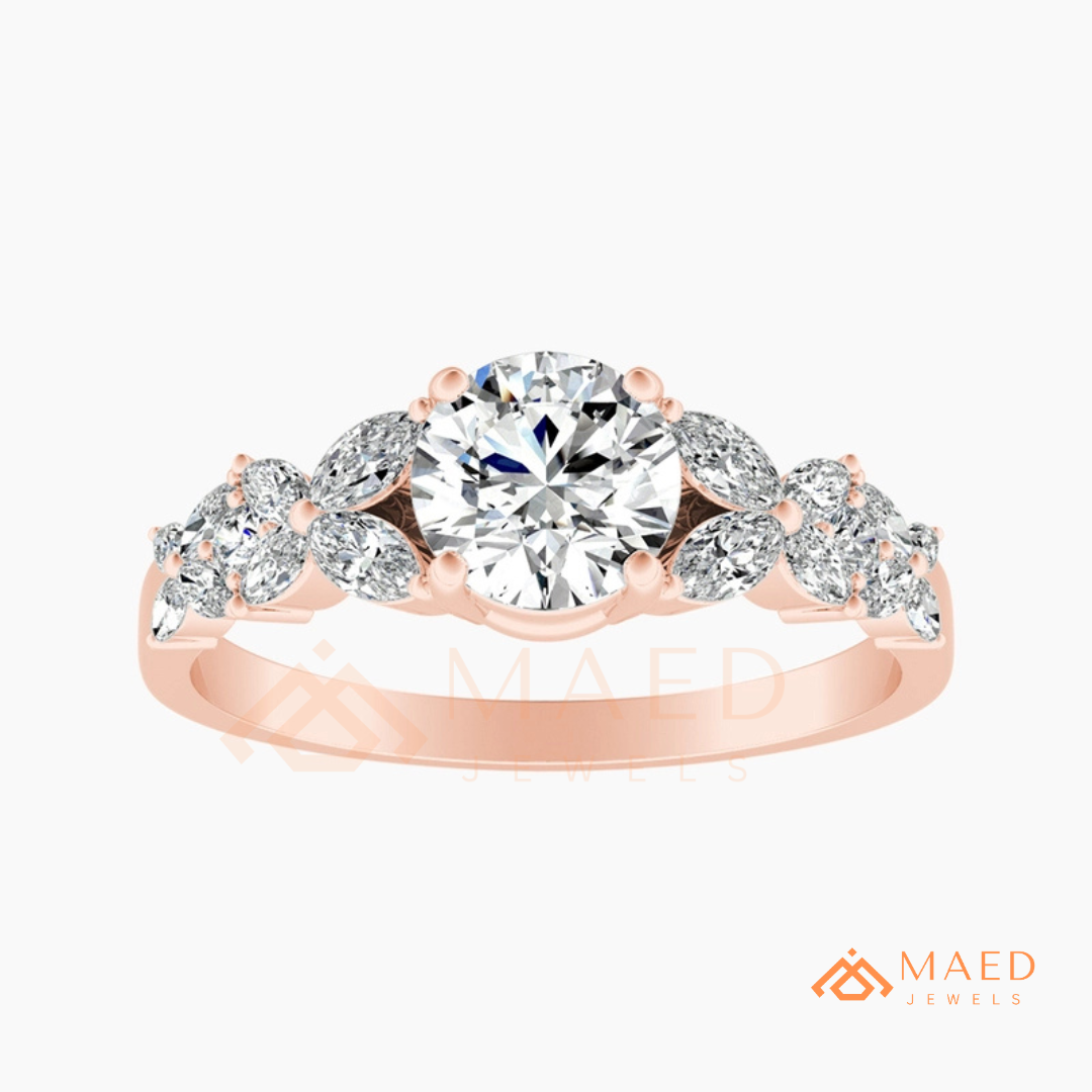 Botanical Marquise Cluster Engagement Ring with Round Center Stone
