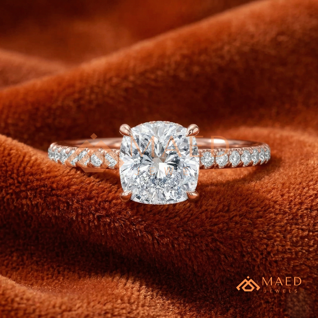 Brilliant Cushion Cut Engagement Ring | Pavé Diamond Band in 14K Gold, Rose Gold & Sterling Silver
