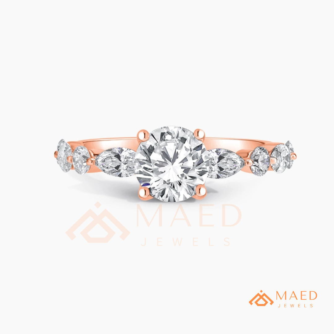 Round Cut Engagement Ring with Marquise Accents in Sterling Silver, 14K Gold & 14K Rose Gold