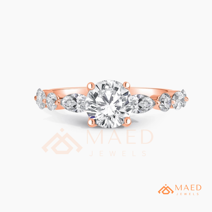 Round Cut Engagement Ring with Marquise Accents in Sterling Silver, 14K Gold & 14K Rose Gold