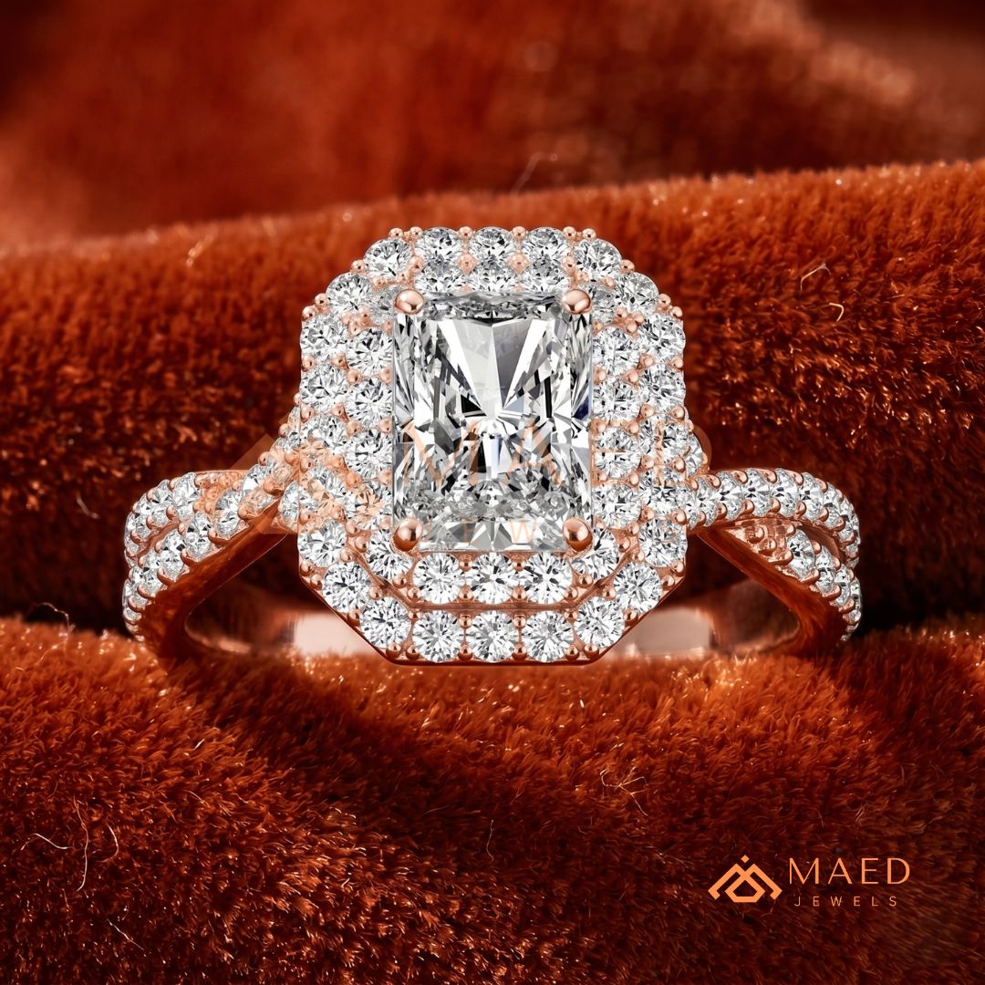 Radiant Cut Double Halo Engagement Ring with Twisted Band | 14k White Gold 14k Rose Gold,14K GOLD