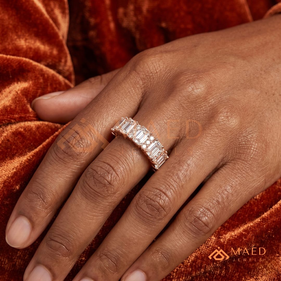 Alternating Emerald and Round Cut Half Eternity Ring – Modern Vintage Wedding Band
