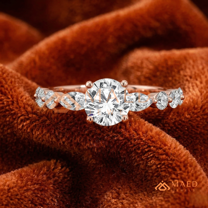 Round Cut Engagement Ring with Marquise Accents in Sterling Silver, 14K Gold & 14K Rose Gold