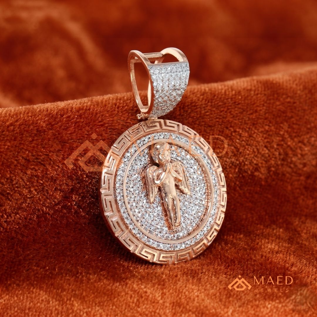 925 Sterling Silver Micro Pave Angel Medallion Pendant with Greek Key Border