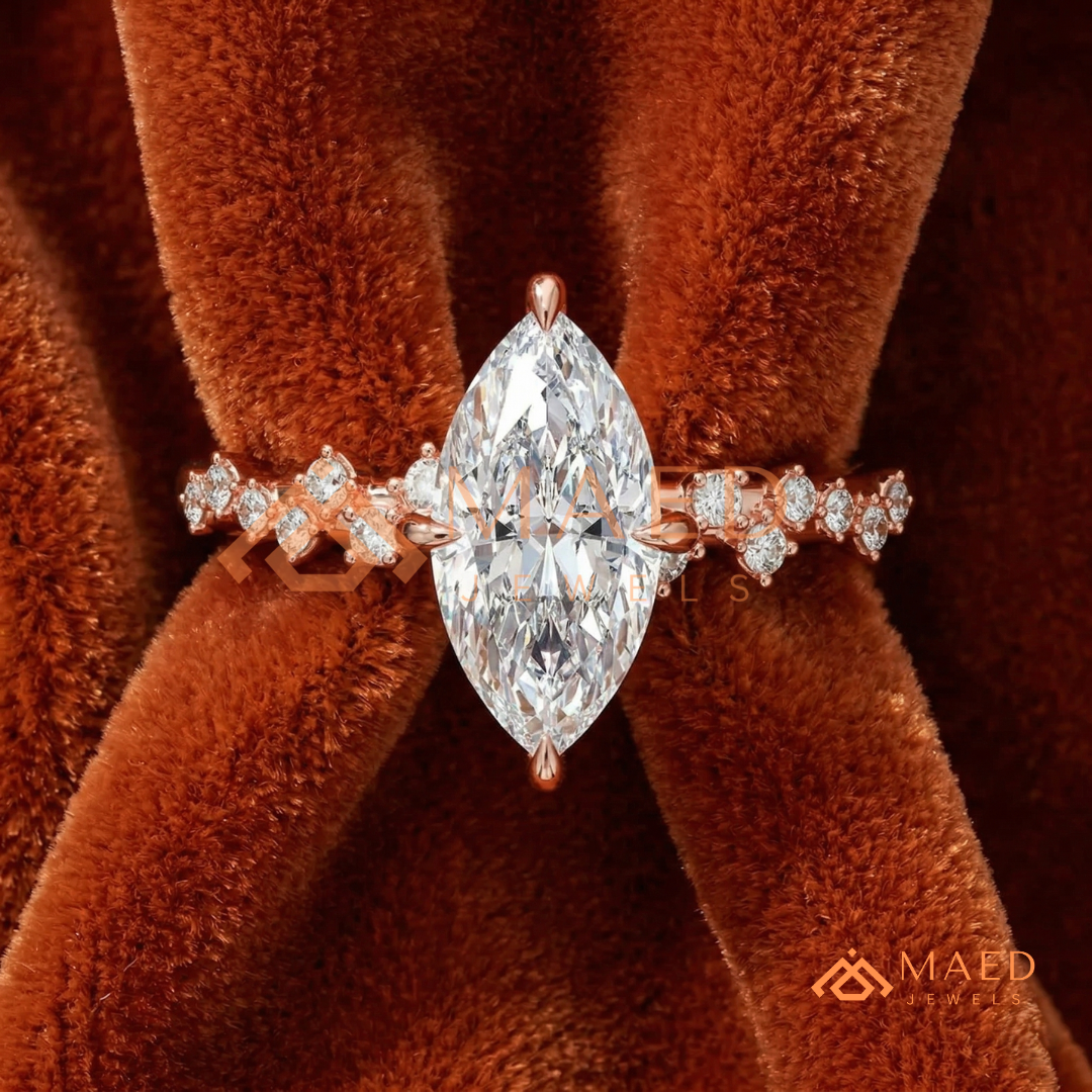 Vintage Marquise Cut Engagement Ring | Cluster Vine Band in 14K Gold, Rose Gold & Sterling Silver