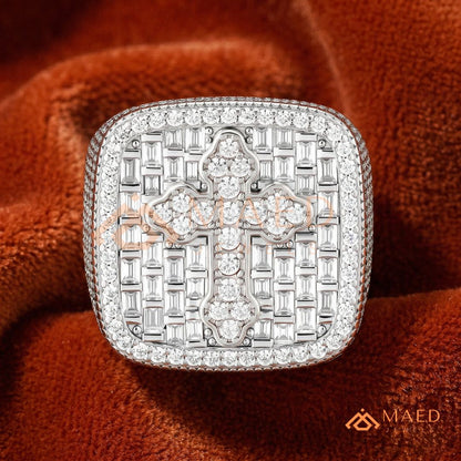 Heavy Square Iced Baguette Cross Ring – 925 Silver, 14K Gold & Rose Gold