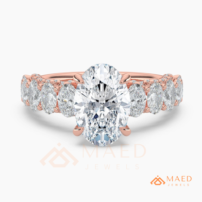 Elongated Oval Cut Engagement Ring with Oval Accent Band | 14k Gold, Rose Gold & Silver
