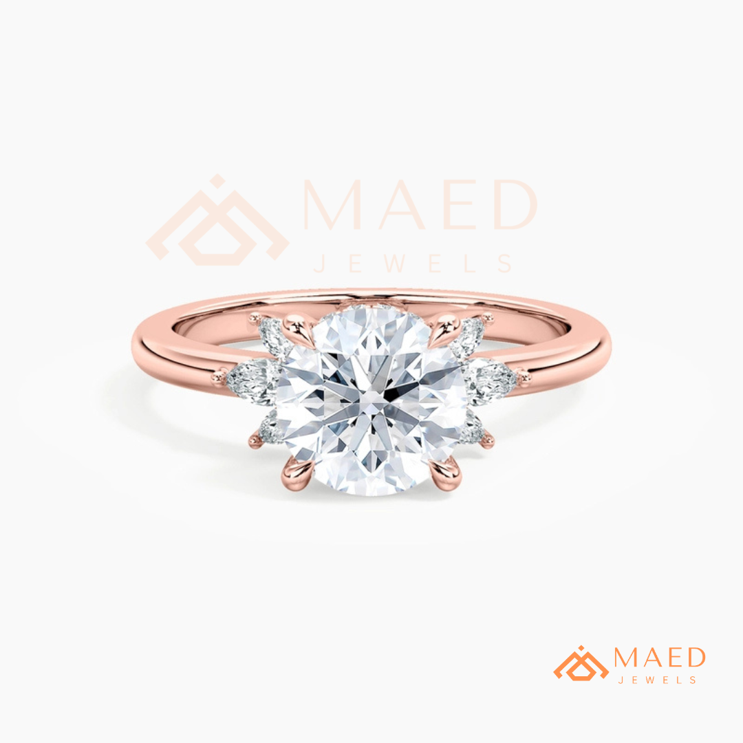 Round Brilliant Cut Ring with Marquise Floral Cluster | 14k Gold, Rose Gold & Silver