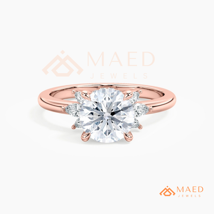 Round Brilliant Cut Ring with Marquise Floral Cluster | 14k Gold, Rose Gold & Silver