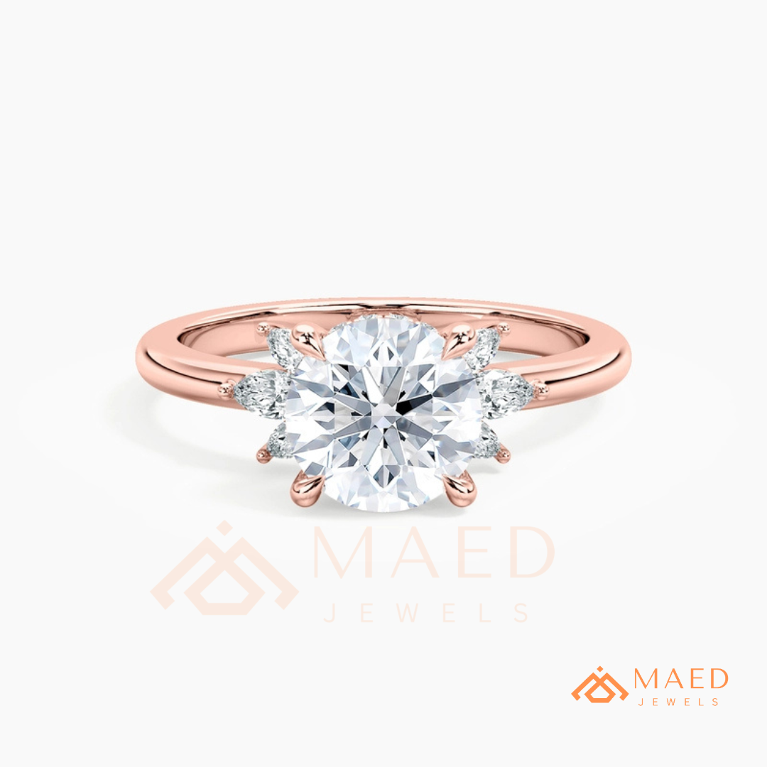 Round Brilliant Cut Ring with Marquise Floral Cluster | 14k Gold, Rose Gold & Silver