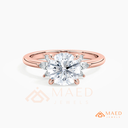 Round Brilliant Cut Ring with Marquise Floral Cluster | 14k Gold, Rose Gold & Silver