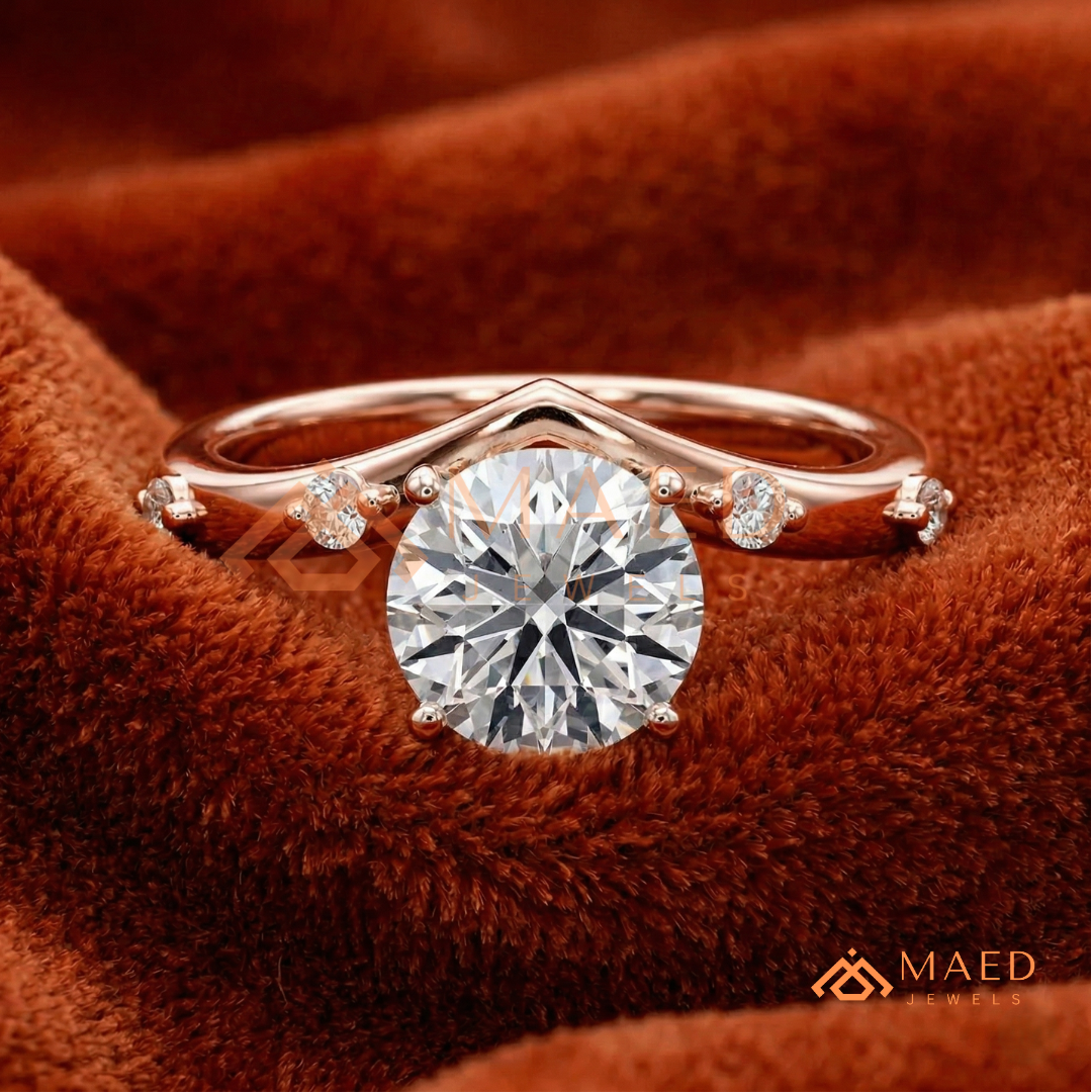 Round Cut Chevron Engagement Ring in Sterling Silver, 14K Gold & 14K Rose Gold