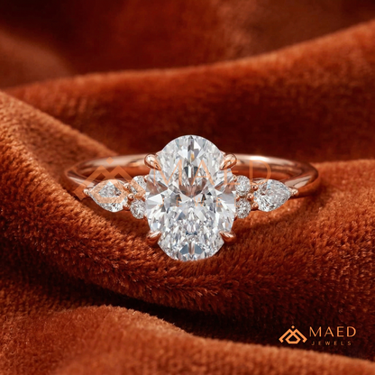 Oval Cut Engagement Ring with Pear and Round Cluster Band in Silver, 14K Gold, & 14K Rose Gold