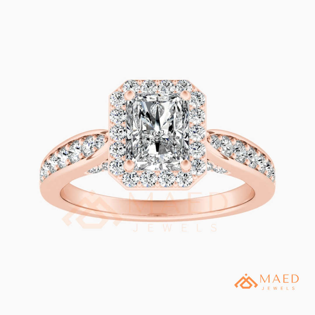 Radiant Cut Rectangular Halo Engagement Ring with Twisted Pavé Band