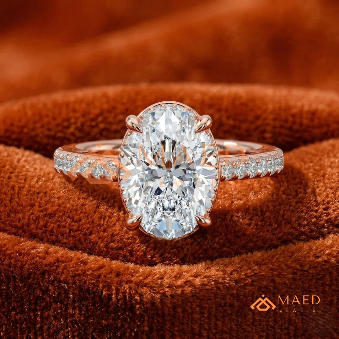 Oval Cut Hidden Halo Engagement Ring | Pavé Band in 14k Gold, Rose Gold & Silver