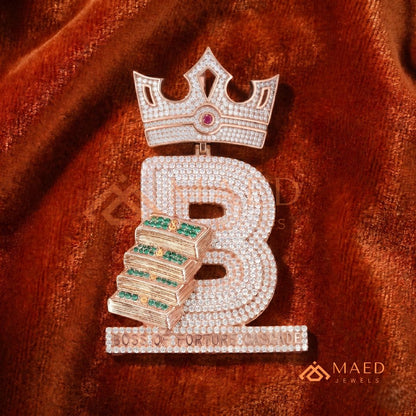 Custom Crown Initial "B" Money Stack Pendant in Sterling Silver & 14K Gold