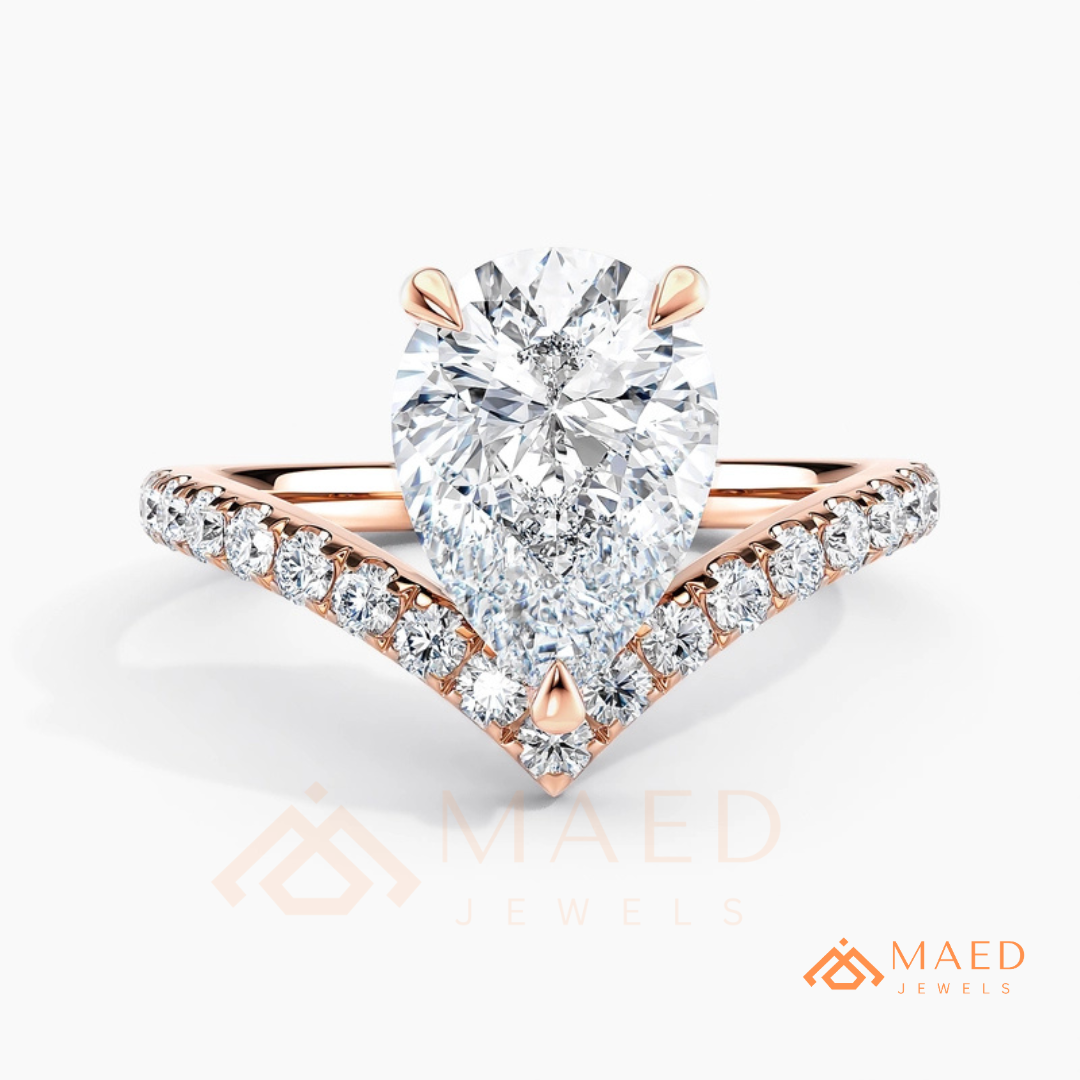 Pear Cut Chevron Engagement Ring with V-Shaped Pavé Band in Silver, 14K Gold, & 14K Rose Gold