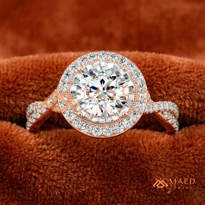 Round Halo Engagement Ring with Twisted Pavé Band – Sterling Silver, 14K Gold, or 14K Rose Gold