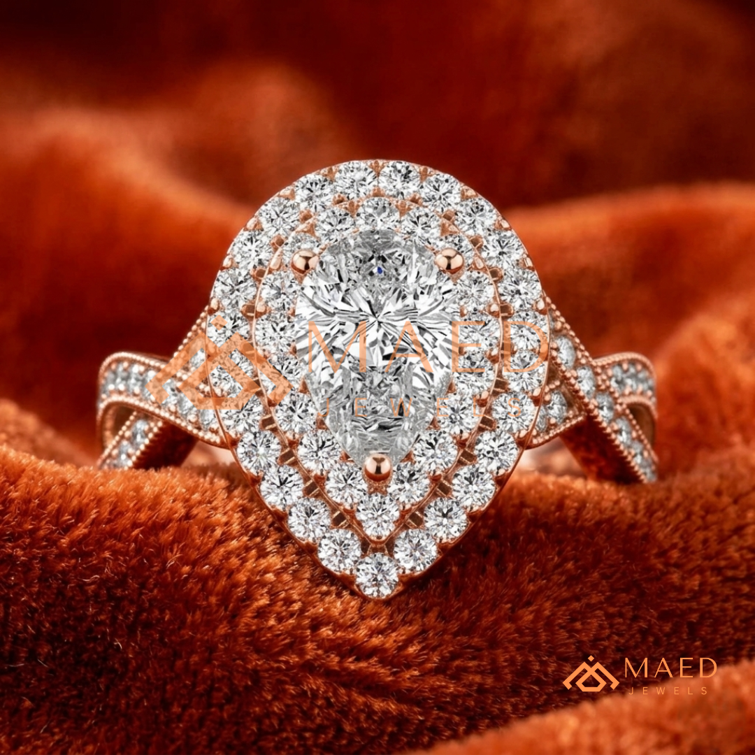 Double Halo Pear Cut Engagement Ring with Twisted Pave Band