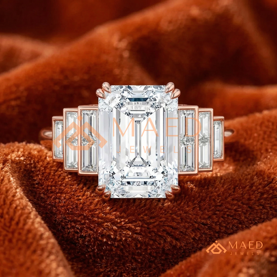 Radiant Cut Rectangular Halo Ring with Dome Triple-Row Pavé Band