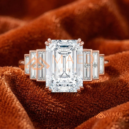Radiant Cut Rectangular Halo Ring with Dome Triple-Row Pavé Band